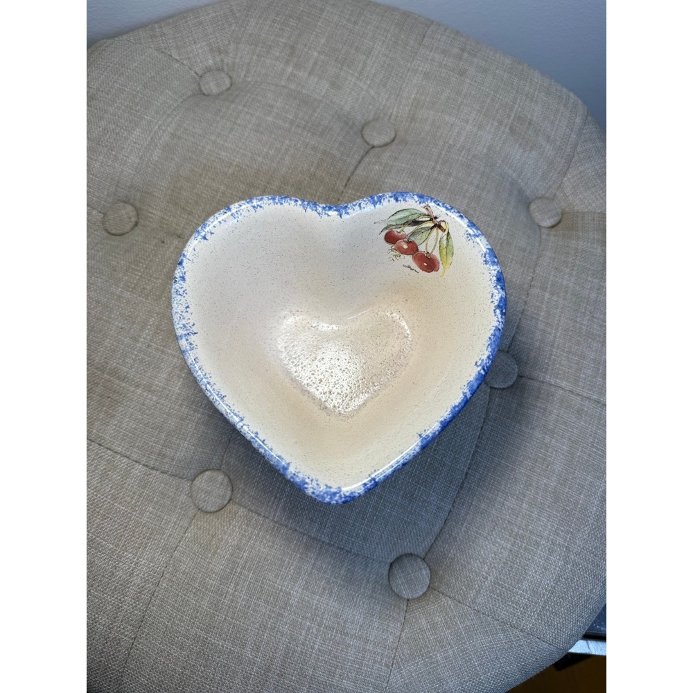 Signed Studio Pottery Heart Bowl Blue Spongeware Hand Painted Cherries Vintage